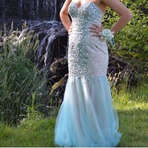 Jovani Aqua and Silver Prom Dress